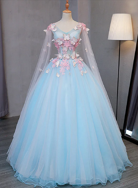 Lovely Blue V-neckline Tull Ball Gown Formal Dress, Blue Party Dress with Pink Lace Tunics Occasion special