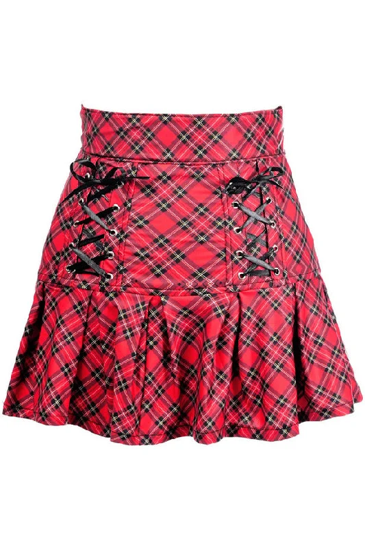 Red Plaid Lace-Up Stretch Lycra Skirt midi skirt versatile