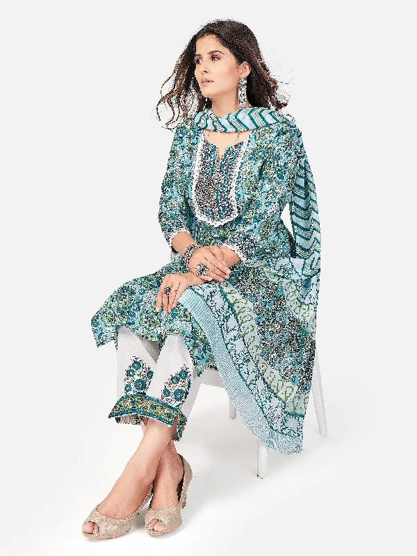 Women's Blue Cotton Kurta With Pant & Dupatta By Vbuyz (3Pcs Set) Comfortable Jogging Pants