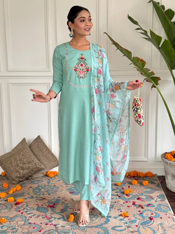 Women's Thread Work Rayon Fabric Straight Kurta, Pant And Dupatta Set - The52 Soft Stretch Trousers