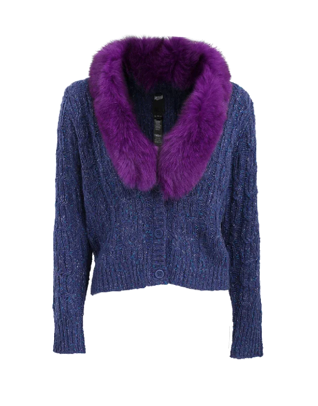 Fox Trim Cable Knit Cardigan Zippered Buttoned Snapped