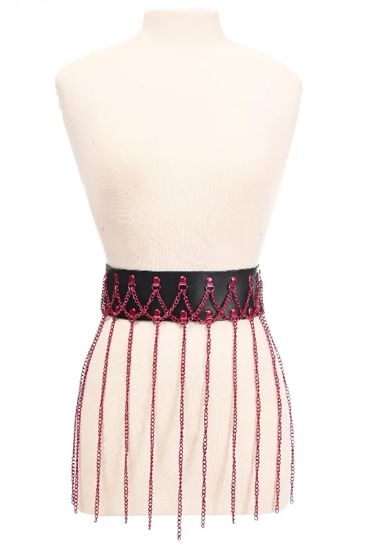 Black Faux Leather & Pink Metallic Chain Fringe Skirt denim skirt trendy