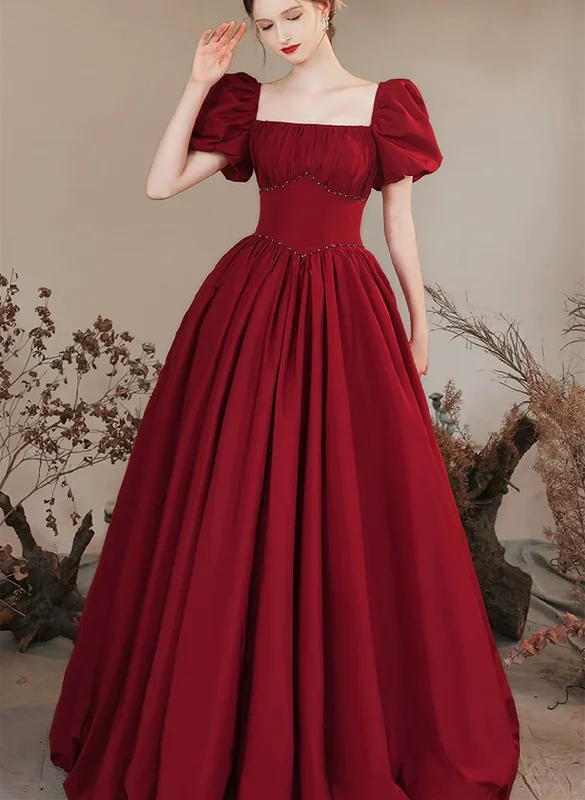 Wine Red A-line Long Party Dress Formal Dress, Short Sleeves Wine Red Prom Dress Tunics Designer luxury