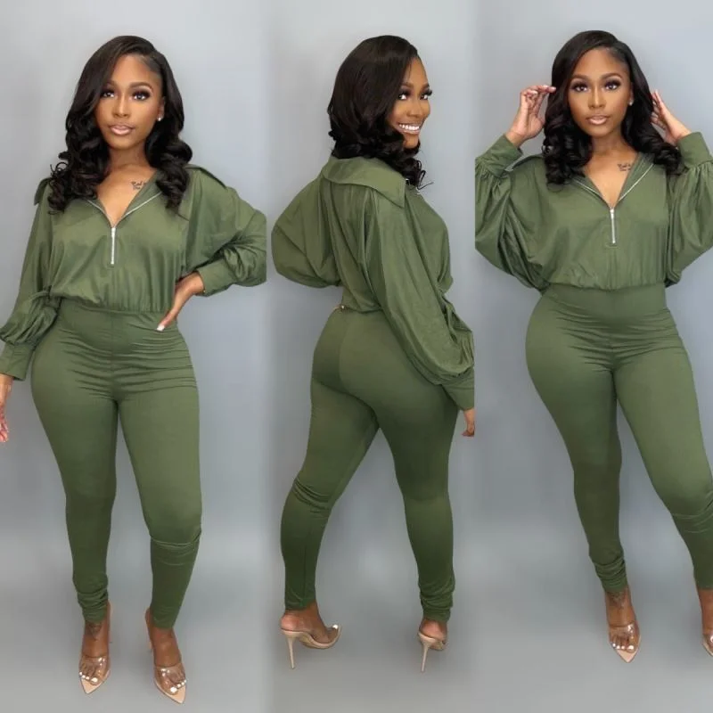 Women Solid Color Zipper Long Sleeve Loose Top And High Waist Slim Pants Fashion Two-Piece Set Trendy Printed Leggings