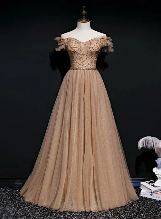 Lovely Champagne Beaded Long Tulle Prom Party Dress, Off Shoulder Formal Dresses Tunics Cozy comfortable