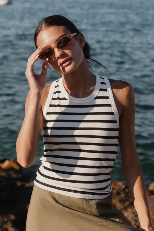 RE:UNION - Cobble Rib Cutaway Tank - White Black Stripe essential tank top