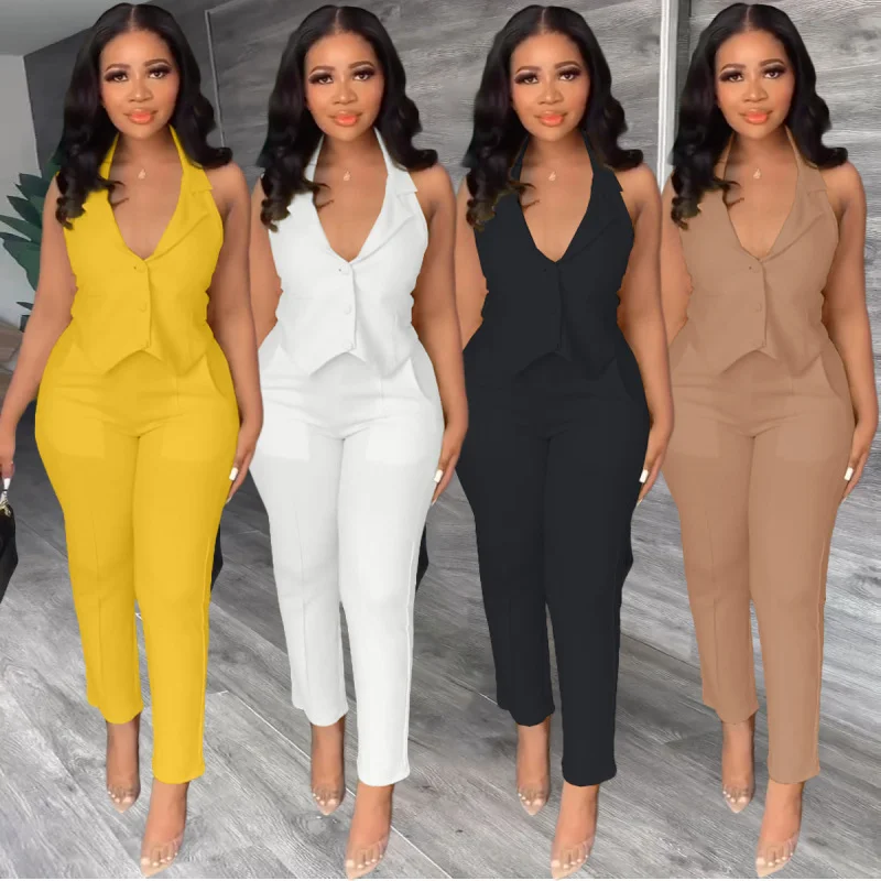 Women Solid Color Lapel Sleeveless V-Neck Top And Pants Casual Two-Piece Set Classic Bootcut Trousers