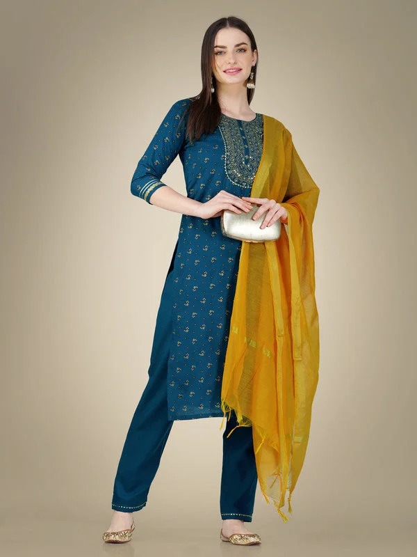 Women's Embroidered Cotton Blend Kurta Pant Dupatta Set - Malishka Export Soft Stretch Pants