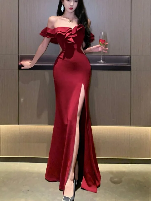 Red Off Shoulder Mermaid Ruffle Long Party Dress with Slit, DP2842 Mermaid Tail Wedding