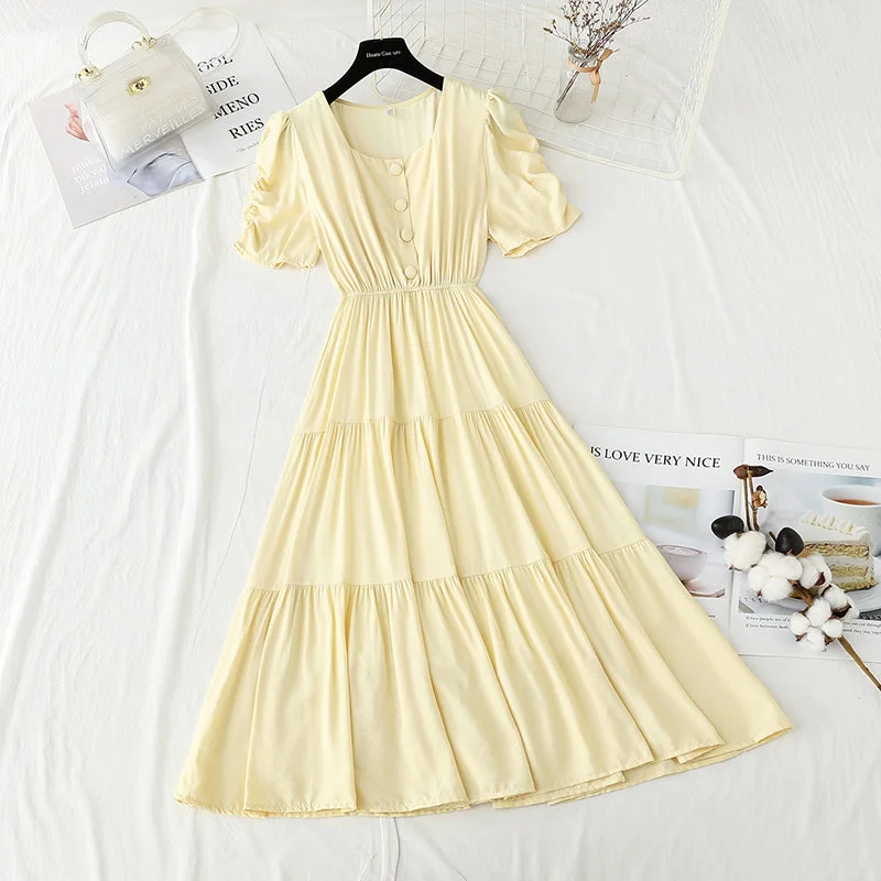 New French style square neck bubble sleeve fairy skirt with slim temperament  4900 midi skirt versatile