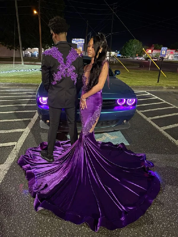 Elegant Purple Velvet Mermaid Black Girl Long Evening Party Dress DP3951 Tunics Sophisticated sleek