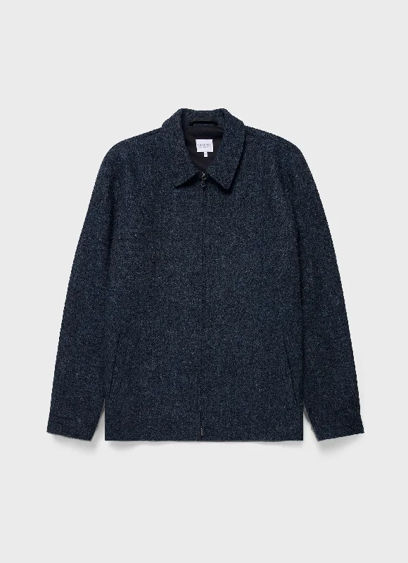 Men's Harris Tweed Harrington Jacket in Blue Herringbone Elasticated Jacket Padded Jacket Insulated Jacket