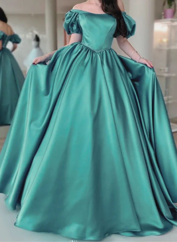 Green Satin Lace-up Back Long Party Dress, Green A-line Prom Dress sweetheart Neckline Romantic