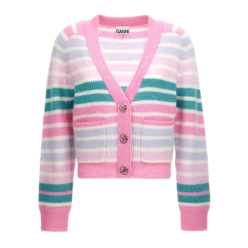 Ganni Soft Wool Cardigan Stripe Sweater 'Multicolor' Hooded Cardigan Collared Cardigan Shawl Collar