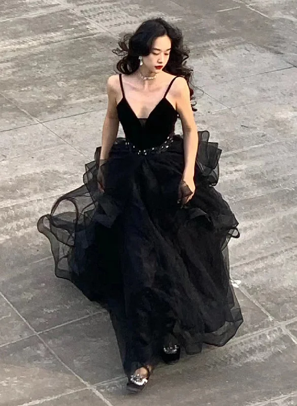 Black Straps V-neckline Tulle Party Dress, Black Evening Dress Prom Dress Chiffon Maxi Beach