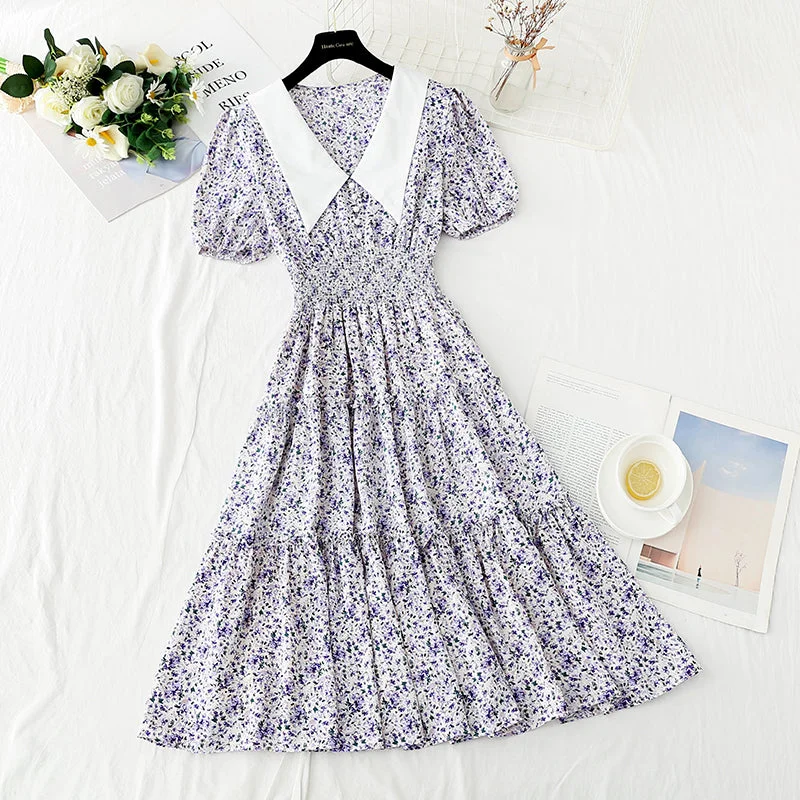 New doll collar skirt bubble sleeve floral medium length skirt  4877 cashmere skirt soft