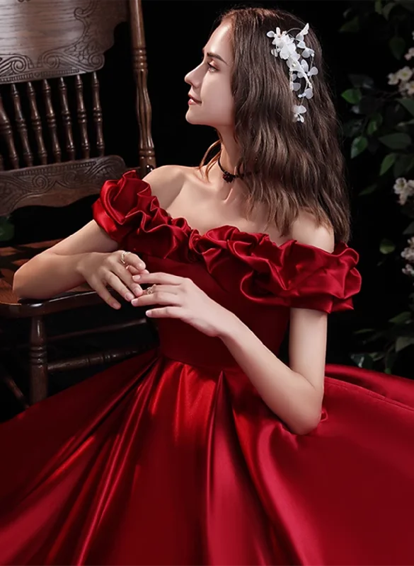 Wine Red Satin Simple Off Shoulder Party Dress, Wine Red Long Prom Dress Evening Dress Tunics Fall fleece