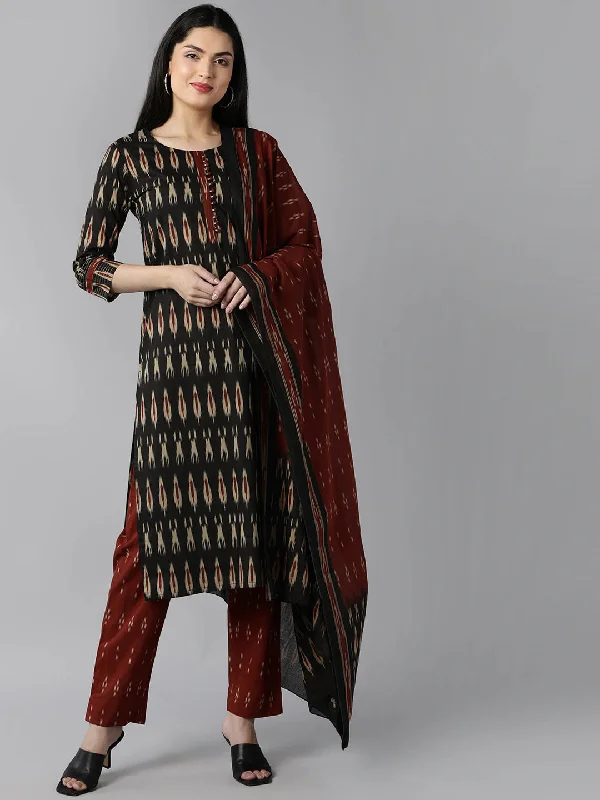 Women's Black Ethnic Motifs Printed Panelled Cotton Blend Kurta With Pants With Dupatta - Ahika Stylish Slim Trousers