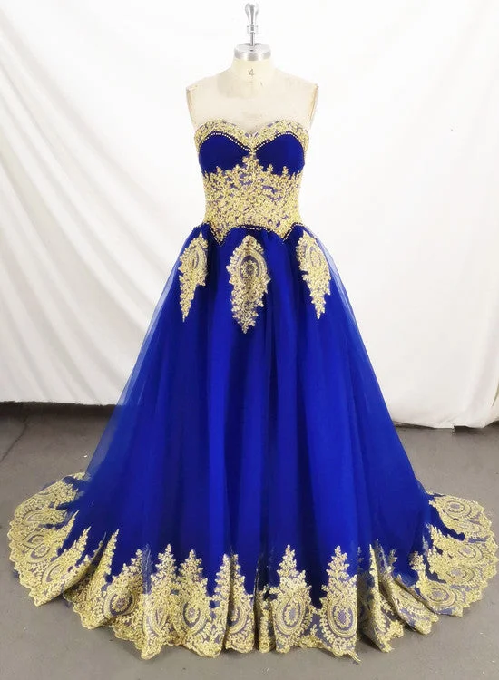 Charming Royal Blue Tulle Party Dress with Gold Lace Applique, Prom Dress Tunics Canvas sturdy