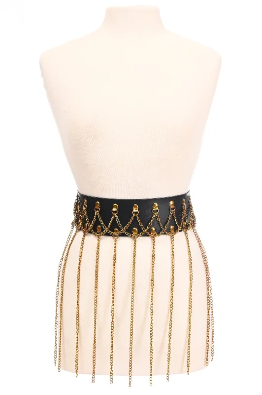 Black Faux Leather & Gold Metallic Chain Fringe Skirt leather skirt durable