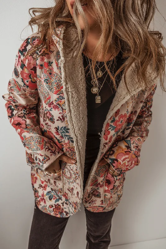 Vintage Floral and Paisley Print Sherpa Jacket Tailored Jacket Straight Jacket A-Line Jacket