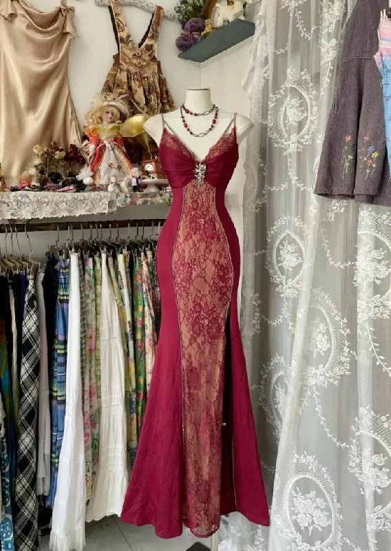 Wine Red Straps Lace Satin Mermaid Long Evening Party Dress DP3876 Tunics Practical easy-care