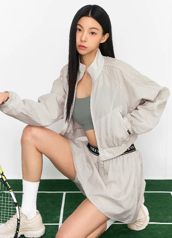 Light Woven Piping Crop Jacket Zip Front Button Front Snap Front