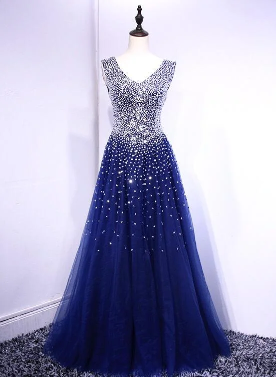 Beautiful Blue Tulle V-neckline Long Party Dress, Sequins Formal Gown Tunics Mesh breathable