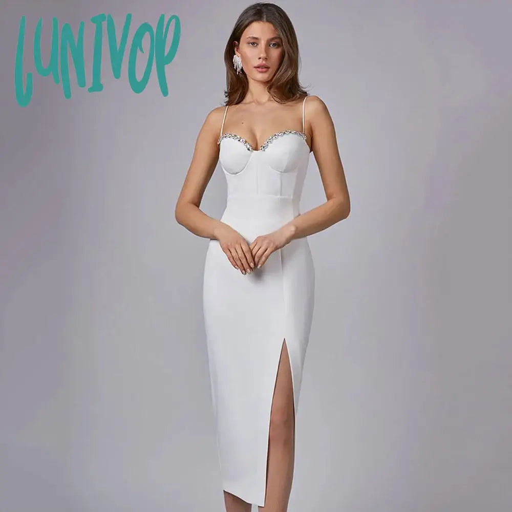 Lunivop  New Summer Women White Red Spaghetti Strap Bandage Dress Sexy Diamond Vestido Mujer Ropa Midi Club Evening Party Dresses Chiffon Maxi Beach