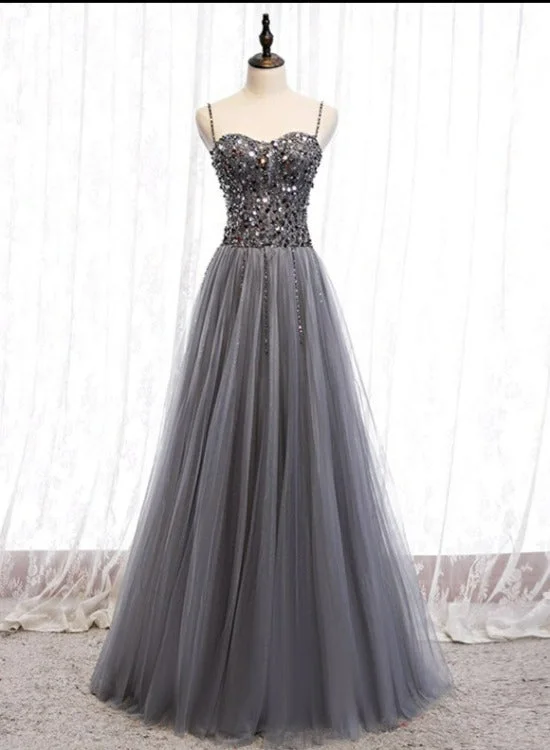 Grey Beaded Straps Sweetheart Shiny Tulle Long Party Dresses, Grey Long Prom Dresses Tunics Winter warm