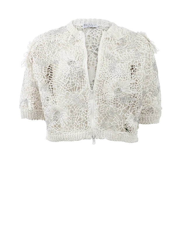 Cropped Monili Embroidered Cardigan Jersey Fabric Tulle Fabric Batik Fabric
