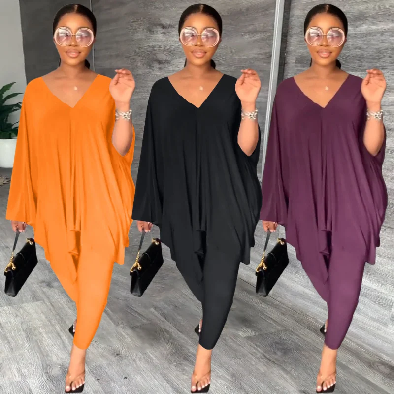 Fashion Women Casual Loose V-Neck Dolman Sleeve Top And Skiny Pants Two-Piece Set Fashionable Button-Up Pants