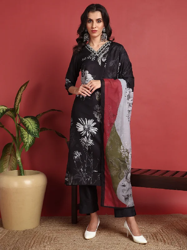 Women's Black Silk Blend Printed Straight Kurta Pant Set With Dupatta - Ahika Soft Wool Pants