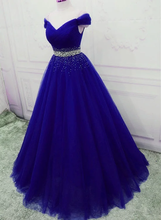 Elegant Royal Blue Tulle Sequins Prom Dress 2020, A-line Long Party Dress Tunics Silk luxurious