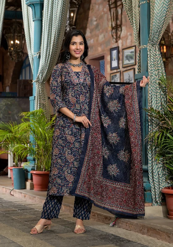 Women's Blue Embroidery Viscose Rayon Kurta, Pant And Dupatta Set - Alvami Casual Yoga Pants
