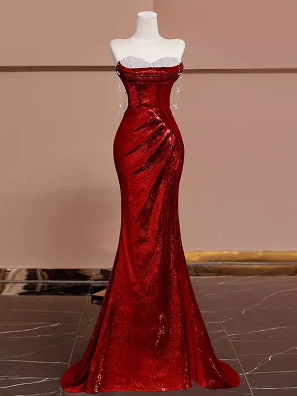 Charming Red Strapless Sequins Mermaid Long Evening Party Dress DP3873 Glittery Long Formal