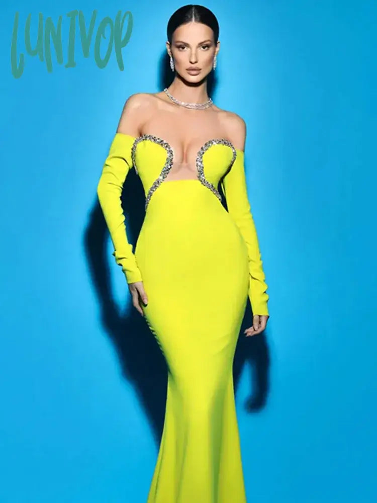 Lunivop Chic Women Celebrity Sexy Off Shoulder Beading Green Maxi Long Bodycon Bandage Dress Elegant Evening Club Party Dress Tunics Seasonal trendy
