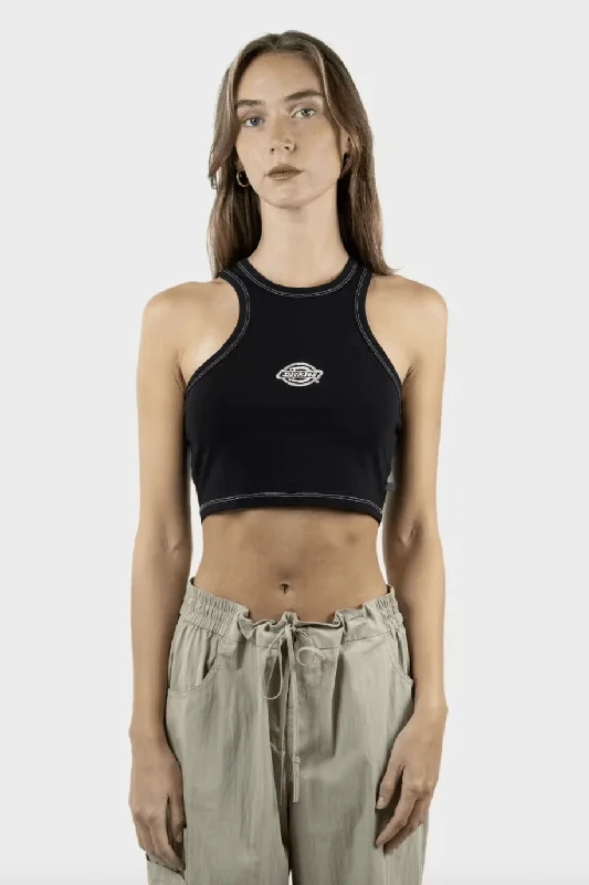 DICKIES LOGO RACER FRONT CROP TANK - BLACK open back tank