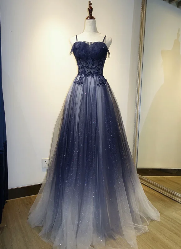 Elegant Gradient Tulle Straps Long Party Dress, A-line Tulle Prom Dresses Tunics Mesh breathable
