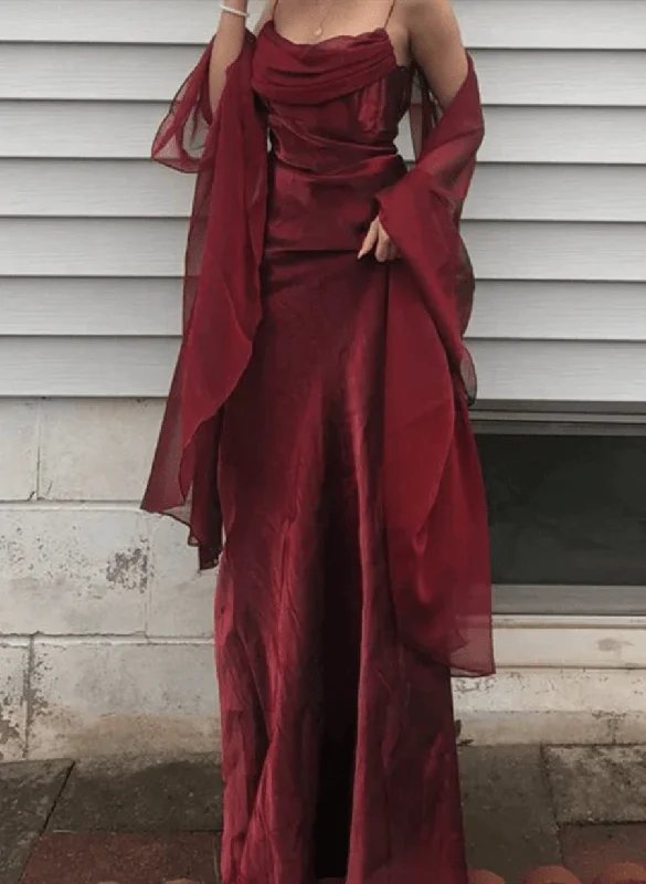 Wine Red Satin Straps A-line Long Party Dress, Beautiful Wine Red Prom Dress Tunics Essential wardrobe