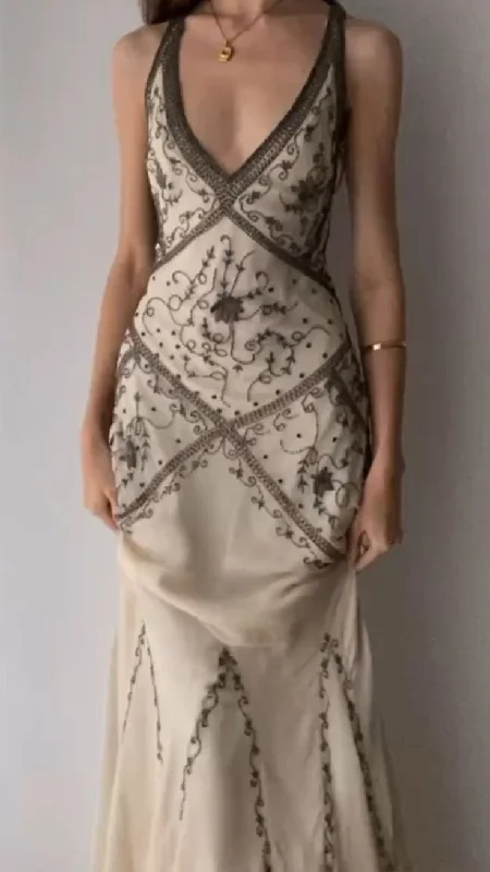 Vintage V Neck Corss Back Beading Mermaid Long Party Dress,DP1938 Turtleneck Neckline Stylish