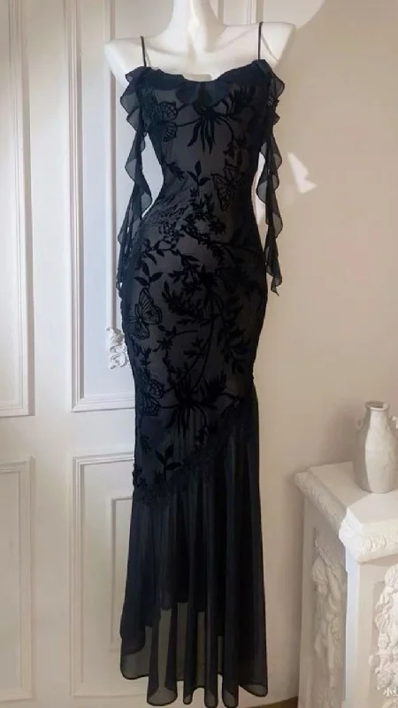 Black Spaghetti Straps Lace Mermaid Sexy Long Evening Party Dress, DP2987 Tunics Luxurious premium