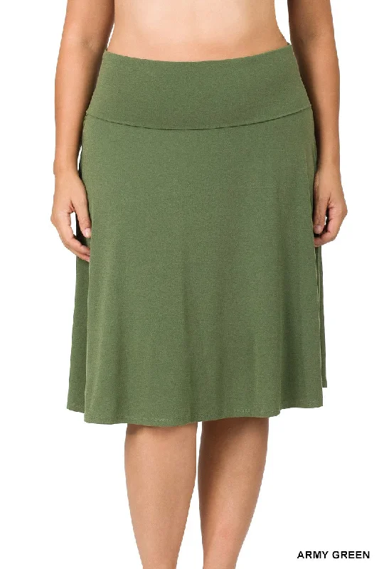 Plus Size Fold Over A-line Skirt in Army Green linen skirt relaxed