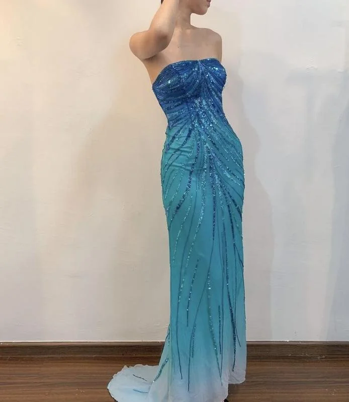 Blue Strapless Mermaid Sequins Vintage Long Party Dress, DP3987 Tunics Exclusive limited