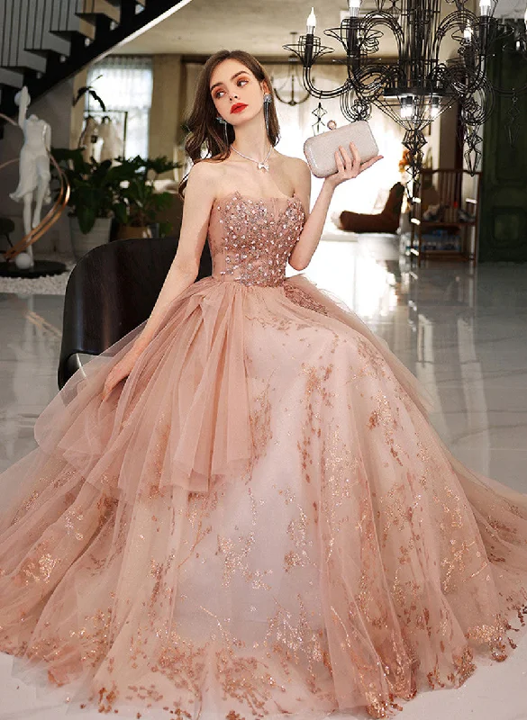Pink Tulle with Lace Applique A-line Long Party Dress, Pink Floor Length Prom Dress Glittery Long Formal