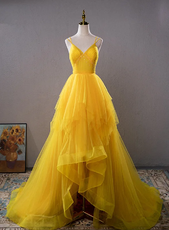 Yellow V-neckline Straps Tulle Beaded Long Party Dress, Yellow Formal Dress Prom Dress Tunics Floral girly