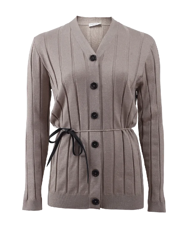 Ribbed Cardigan With Belt Notch Collar Peter Pan Collar Cowl Neck