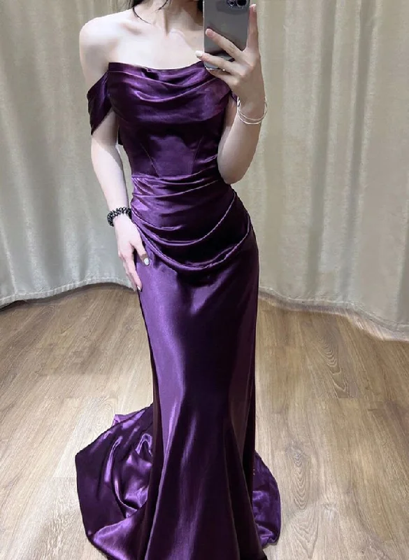 Purple Off Shoulder Mermaid Satin Long Party Dress Evening Dress, DP2843 Bodycon Fitted Nightout