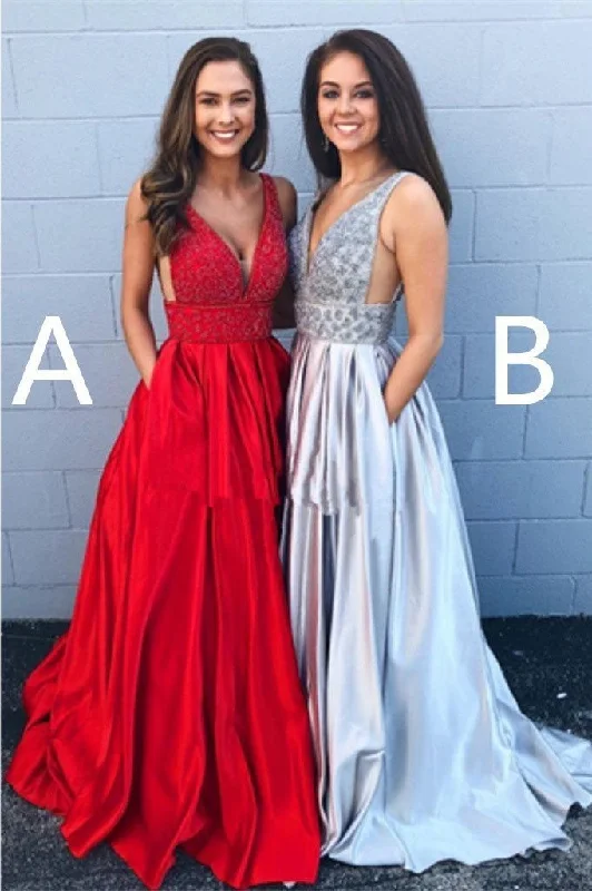 A-line Deep V Neck Beads Red Backless Long Prom Dresses With Pockets Party Dress WK421 Tunics Chic fashionable