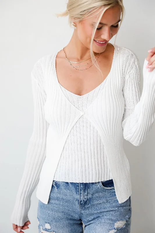FINAL SALE - Essential Companion Ivory Ribbed Knit Cardigan Top Hooded Cardigan Collared Cardigan Shawl Collar